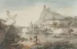 Paysage fluvial animé by Alexandre Noël, Gouache aquarellée, sold Dec 2019