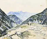 Randonneurs au col de Balme (côté Suisse) by Fred Money, Aquarelle, sold Dec 2019