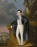 Portrait de jeune homme devant un château by Édouard Autrique, Toile, sold Sep 2024