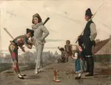 Arlequin et Pierrot dans un village by Albert Anatole Lambron des Piltieres, 1860, Toile d'origine, sold Jun 2024