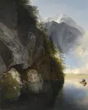 Vue du Koenigssee, avec vue sur Stuhlwand près de Berchtesgaden by Johann Fisbach, Panneau de résineux, sold May 2024