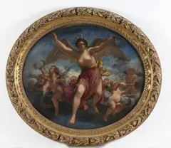 1892) La Gloire distribuant des palmes et des couronnes Projet de plafond by Charles Louis Müller, Toile ovale, sold May 2024