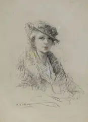 Portrait de jeune femme au chapeau by Antoine Calbet, Crayon noir et de couleur signé en bas à gauche, sold May 2024