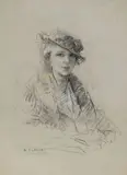 Portrait de jeune femme au chapeau by Antoine Calbet, Crayon noir et de couleur signé en bas à gauche, sold May 2024