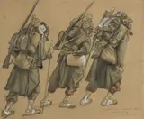 Trois militaires en marche de dos by Pierre-Georges Jeanniot, Crayon noir, aquarelle et gouache blanche signé et dédicacé à Madame la comtesse de Martel, sold May 2024