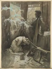 L'enfant trouvé by Alfonse Mucha, Aquarelle sur carton marouflé sur carton signée en bas à gauche, sold May 2024