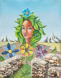 Sans titre [Femme fleurs] by Georges Spiro, Huile et collage de petits cailloux sur toile, sold Sep 2024