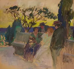La conversation by Karpo Tchirakhoff, Gouache sur panneau, sold Jul 2021