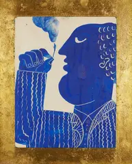 Profil d'homme fumeur d'opium by Alekos Fassianos, Gouache sur isorel accolée sur fond doré à la feuille, sold Jul 2021