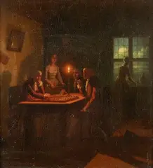 Partie d'échecs aux chandelles by Johan Mengels Culverhouse, Panneau de chêne, une planche, non parqueté, sold Jun 2021