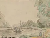 Bords de rivière animé d'une barque et de promeneurs by Paul Emile Pissaro, Fusain et aquarelle sur papier, sold Jun 2023