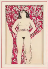Nu féminin au rideau by Génia Minache, Encre et gouache sur papier contrecollé sur panneau, sold Jun 2023