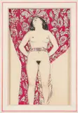 Nu féminin au rideau by Génia Minache, Encre et gouache sur papier contrecollé sur panneau, sold Jun 2023