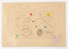 La Chouette et l'escargot. Carte de voeux pour A.Maeght 1964 by Joan Miró, Eau-forte et aquatinte en couleurs sur vélin, feuillet remplié, sold May 2023
