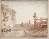 Vue animée de Gênes avec des lavandières by Hubert Robert, Plume et encre noire, aquarelle avec rehauts de gouache blanche sur une contre-épreuve de, sold Oct 2020