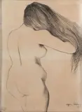 Nu relevant ses cheveux by Suzanne Valadon, 1899, Crayon et fusain sur papier contrecollé sur carton, sold Oct 2020