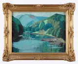 Paysage de montagne à la rivière by Gaston Balande, Pastel sur papier, trace de signature en bas à droite, sold Oct 2023