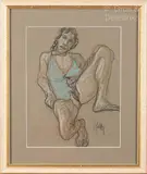 Femme au vêtement bleu by Jean-Pierre Ceytaire, Fusain et pastel sur papier brun signé en bas à droite, sold Oct 2023
