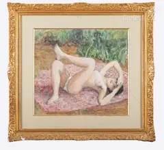 Femme nue dans le jardin by Pierre Deval, Aquarelle sur papier signée en bas à droite, sold Oct 2023