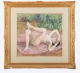 Femme nue dans le jardin by Pierre Deval, Aquarelle sur papier signée en bas à droite, sold Oct 2023