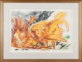 Combat de coqs by Édouard Pignon, 1959, Pastel sur papier signé et daté en bas à droite, sold Oct 2023