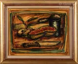 Nature morte au couteau by Franz Priking, Gouache sur papier verni marouflé sur toile signée en haut au milieu, sold Oct 2023