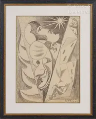 Visages et habitation by Léopold Survage, 1944, Crayon sur papier signé, sold Oct 2023