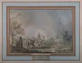 Général cherchant son chemin sur une route de campagne animée by Jacques François José Swebach-Desfontaine, Plume et encre brune, aquarelle, sold Jun 2021