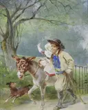 Enfants en promenade à dos d'âne by Auguste de Pinelli, Aquarelle signée en bas à gauche, sold Dec 2015