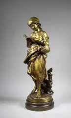 Jeune paysanne lisant by Mathurin Moreau, Epreuve en bronze à patine dorée nuancée, sold Nov 2015