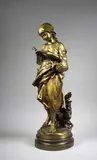 Jeune paysanne lisant by Mathurin Moreau, Epreuve en bronze à patine dorée nuancée, sold Nov 2015