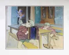 Les jeunes accordéonistes et leur chien by Jean Launois, Aquarelle sur papier signé en bas à droite, sold Nov 2015