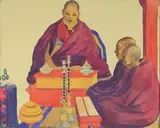 Moines tibétains et le grand Lama de Shi-Gat-Sé en pèlerinage à Hémis by Léa Lafugie, Aquarelle et mine plomb signée en bas vers la gauche, sold Nov 2015