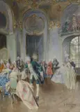 Scène de bal au XVIIIe siècle by Bernard Louis Borione, Aquarelle et rehaut de gouache signée et située "Paris", sold Oct 2015