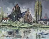 L'église vue de l'étang by Robert L. P. Lavoine, Gouache sur papier signé en bas à droite, sold Jun 2015