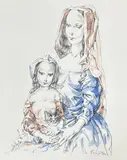Mère, fille et chat by Léonard-Tsuguharu Foujita, Lithographie, sold Apr 2025