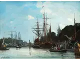 Hafenansicht mit Zahlreichen Anliegenden Segelschiffen vor Brücke und Kirchturm in der Ferne by Johan Jongkind, oil on canvas, offered Mar 2019