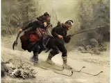 Ski-birchlegs, die den Berg mit dem Königlichen Kind Überqueren by Knud Bergslien, oil on canvas, sold Sep 2023