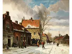 Winterliche Ansicht Einer Holländischen Stadt by Adrianus Eversen, oil on canvas, sold Sep 2025