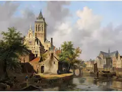 Sonnige Stadtansicht mit Kanal by Bartholomeus van Hove, oil on panel, offered Dec 2025