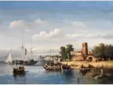Die Merwede bei Woudrichem mit Ruderboot und Dampfer by Salomon Leonardus Verveer, oil on canvas, offered Dec 2025