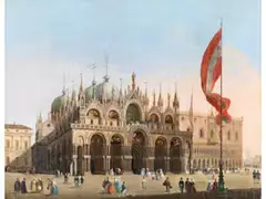 Venedig – Piazza vor dem Markusdom mit Dogenpalast by Giuseppe Bernardino Bison, oil on canvas, sold Mar 2026