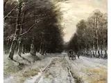 Verschneiter weg am Waldesrand by Louis Apol, oil on canvas, sold Sep 2025