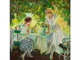 Zwei Damen Unter Lichtdurchfluteten Bäumen by Edward Alfred Cucuel, 1875 San Francisco – 1954 Pasadena, oil on canvas, sold Apr 2018