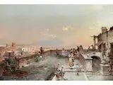 Blick Über die Bucht von Neapel mit dem Vesuv von Einer Terrasse mit Festgesellschaft und Zwei Musikanten by Franz Richard Unterberger, oil on canvas, sold Mar 2019