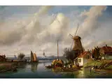 Holländische Sommerlandschaft mit Figuren an Einem Fluss Sowie Mühle by Charles H. Leickert, oil on canvas, sold Sep 2015