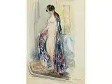 Frauenakt mit Buntem Umhang vor Einem Sessel by Henri Baptiste Lebasque, 1865 - 1937, watercolor, offered Apr 2016