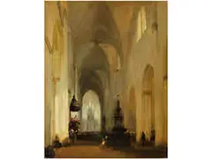 Inneres Einer Gotischen Kirche mit Betenden und Einem Kanzelprediger by Carl Spitzweg, 1808 München – 1885 ebenda, oil on panel, sold Sep 2017