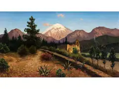 Popocatepetl mit Kirche by August Lohr, oil on canvas, sold Sep 2025