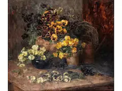Stillleben mit Stiefmütterchen by Johanna von Destouches, oil on canvas, sold Dec 2025